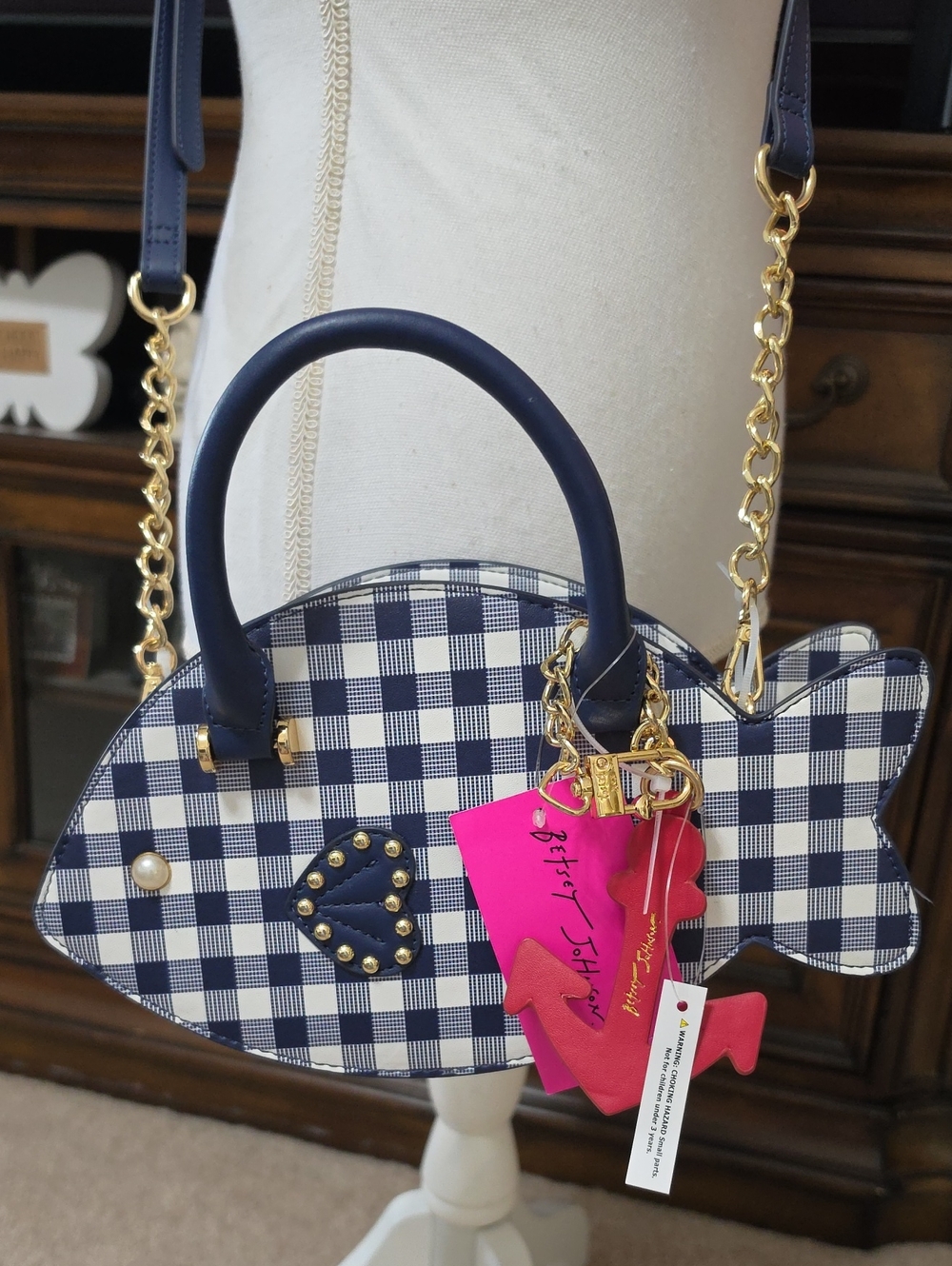 Betsey Johnson Navy and White Gingham Fish Crossbody Bag with  Charms